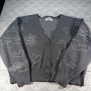 Womens XL 16-18 Cardigan Sweater Gray Novelty Heart Sun Star Mushroom Whimsical